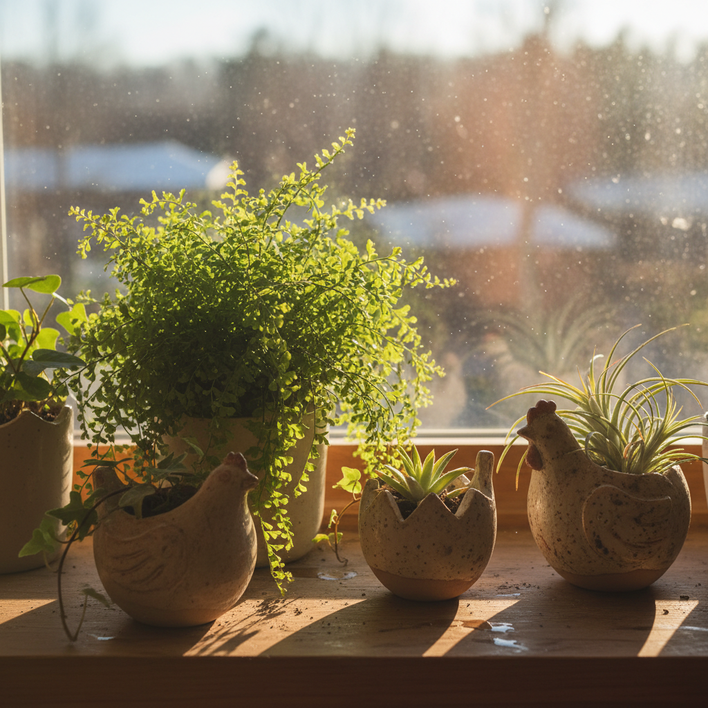 A cozy windowsill garden filled with assorted small houseplants, dominated by a large, fluffy fern whose arching fronds steal the scene. Around it, a few quirky ceramic planters shaped like eggs and abstract birds quietly reference “chickens” in a playful, indirect way. Outside the window, the background is softly out of focus, showing only hints of blue sky and distant greenery. Soft afternoon sunlight streams in, illuminating tiny spores and leaf textures, casting gentle, overlapping shadows on the sill. Shot from a slightly elevated angle in photographic realism, using the rule of thirds so the main fern sits just off-center. The atmosphere feels friendly, personal, and a bit mischievous, like a beloved plant corner in someone’s home.